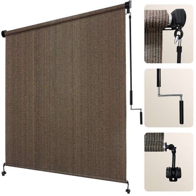 Artpuch Outdoor Roller Shade 8' W x 8' H, Mocha Exterior Cordless Patio Shades Roll Up Blinds with Spliced Pole Design, (2 Poles, One-Piece Fabric)