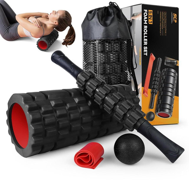 SUBCULTUREPICK 5 in1 Foam Roller Set, Trigger Point Foam Rollers, Massage Roller Stick, Massage Ball, Resistance Band for Deep Muscle Massage Pilates Yoga,Fitness Exercise for Whole Body (Black-Red)