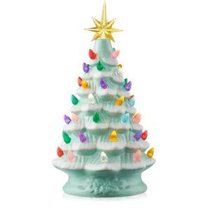 Casafield - 12-in Hand Painted Ceramic Christmas Tree - Pre-Lit Tree with Star - Seafoam Snow Flocked