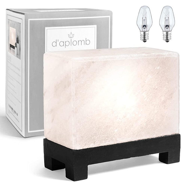 100% Authentic Natural Himalayan Salt Lamp; Hand-Carved Modern Rectangle Rare White Crystal Rock Salt from The Himalayan Mountain; Footed Wood Base, Dimmer Cord + Extra Bulb; 11.5 lbs