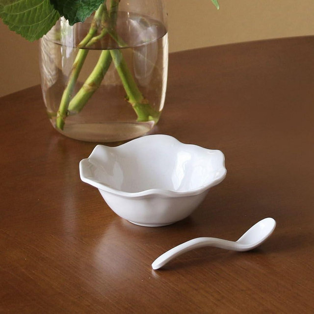 Beatriz Ball Vida Havana Mini Bowl with Spoon White Melamine Outdoor Indoor Use Salsas Snacks Candies Hostess-Gift, 5.5 inches