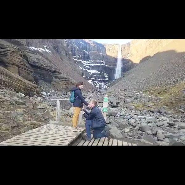 He proposed in front of Hengifoss in Iceland!
