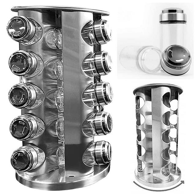 Tytroy Space Saving & Easy Access 14" Tall Round Revolving 20 Empty Glass Jars Kitchen Countertop Stainless Steel Spice Rack Tower Stand Organizer Storage for Seasoning Dried Herbs