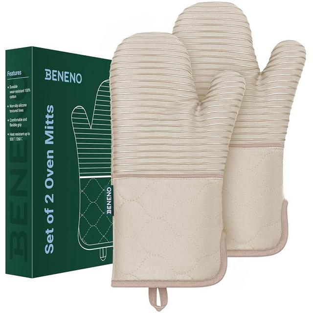 Oven Mitts, Beneno 2Pcs Non-Slip Silicone Textured Cotton Oven Mitts High Heat Resistant 500°F with Soft Terry Cloth Lining, 7"x14.3", Wide Opening Cuff Design, Comfortable & Flexible to Use, Beige