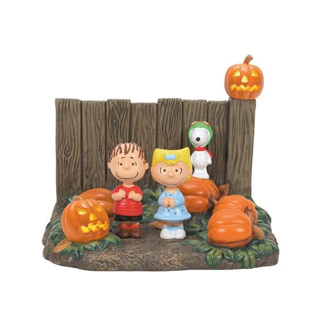 Department 56 Peanuts Village Accessories is It The Pumpkin Linus, Sally and Snoopy Lit Figurine, 4.25 Inch, Multicolor