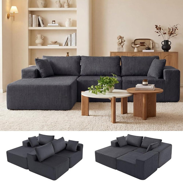 DUMOS 108" Boneless Couch, Cloud Sectional Couch with L-Shape Chaise, Modular Sectional Sofa with Deep Seat, Upholstered Couch for Living Room Bedroom, No Assembly Required (Grey, Left Facing Chaise)