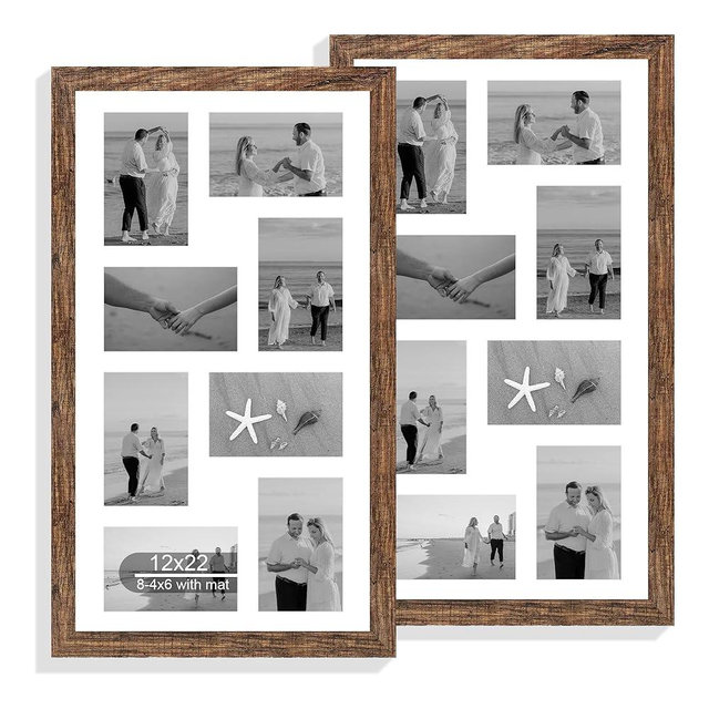 Hongkee 12x22 Picture Frame Set of 2, Rustic Brown with Glass Collage Frame, Display Eight Opening 4x6 Photos With Mat or 12 x 22 Newspaper Without Mat - Horizontal or Vertical Wall Mounting