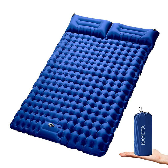 Double Sleeping Pad for Camping Inflatable 2 Person Sleeping Mat with Built-in Pump, Foot Press Ultralight Extra Thick Camping Mat with Pillow for Backpacking, Traveling, Hiking, Durable & Waterproof