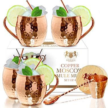 Moscow Mule Copper mugs Set Of 4 By B.WEISS Handmade Hammered Copper Cups 100% Pure Copper +Bonus: 4 copper straws 4 coasters 1 shot mug 1 spoon