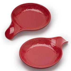 2Pcs Ceramic Spoon Holders, Large Lace Embossed Rest with Tray, 5.5in (Christmas Red)