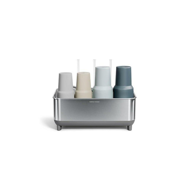 simplehuman Bottle Dock, Steel Frame Fast Drying Bottle Rack, Three-Compartment Organizer for Tumblers, Caps & Straws, Brushed Stainless Steel