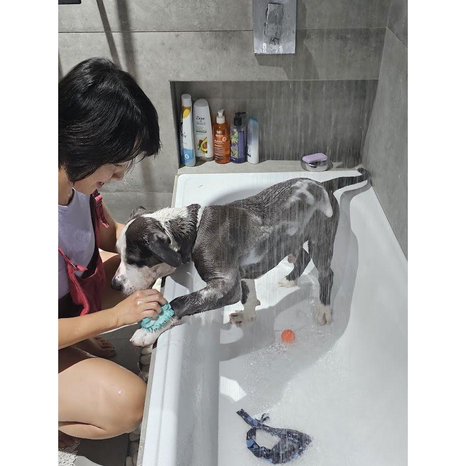 A sweet moment of her giving Tofu a shower. Clearly a natural when it comes to being mom material one day! 🐶🚿