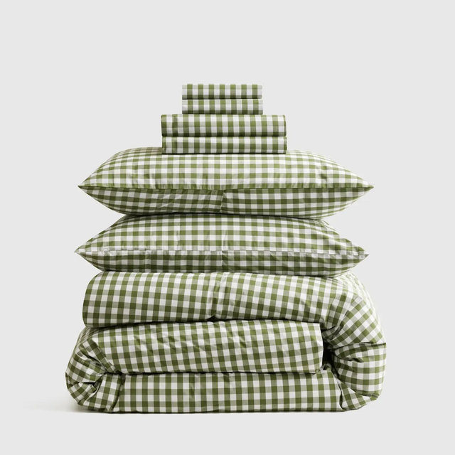 Organic Crisp Percale Gingham Deluxe Bedding Bundle - Olive, Queen