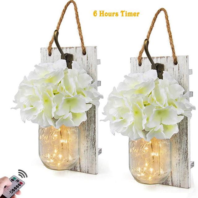 Rustic Wall Sconces Mason Jars Sconces with Remote Control LED Fairy Lights, Farmhouse Decor for Living Room Wall Decor of Bronze Retro Hooks, Silk Hydrangea Design for Home Decoration Set of Two