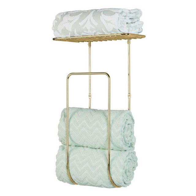 mDesign Modern Decorative Metal Wall Mount Towel Rack Holder and Organizer for Storage of Bathroom Towels, Washcloths, Hand Towels - Soft Brass/Gold