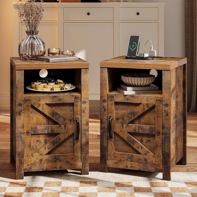 oneinmil Farmhouse Nightstand with Charging Station, Couch Side Table Set of 2, Bedside Table with Storage Space, End Tables with Barn Door, Bed Side Tables for Living Room and Bedroom, Rustic Brown