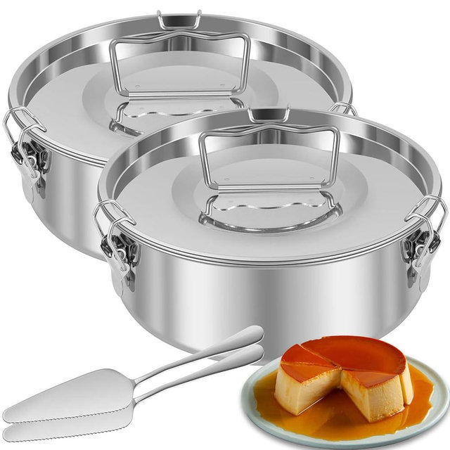 PoDhey 2 Pack Flan Pan Mold with Lid and Spatula 1.5QT Stainless Steel Molde Para Flan Molds Pans Containers for 6QT to 8QT Pot Baking with Water Bath 7.5 x 3 Inch