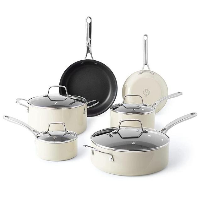 Martha Stewart Lockton Premium Nonstick 10 Piece Enamel Heavy Gauge Aluminum Cookware Set - Linen