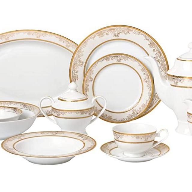 Lorren Home Trends 57 Piece 'Chloe' Bone China Dinnerware Set (Service for 8 People), Gold