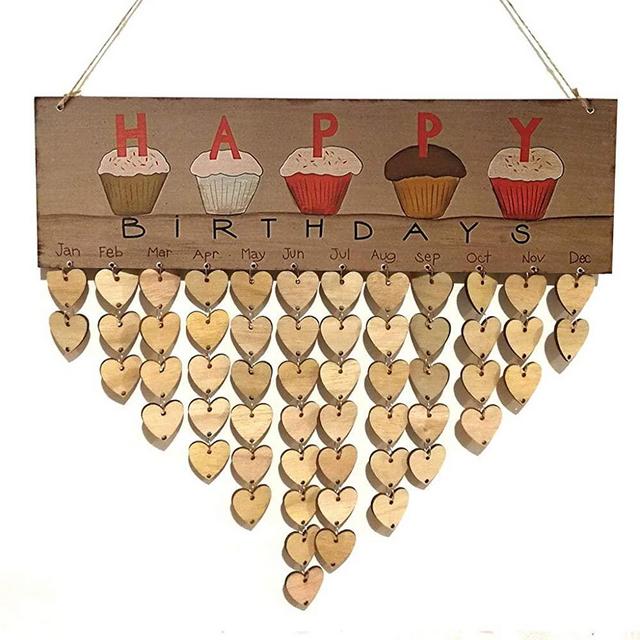 DZH Enjoy Wooden Cupcake Birthday Calendar Plaque for Family and Friends Birthday Reminder Home Decor Wall Hanging Sign Board with 50 Pieces DIY Wood Heart Tags to Write on