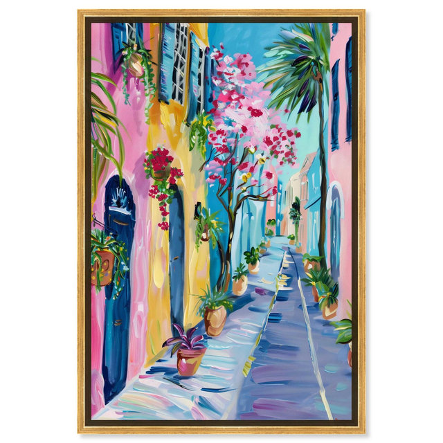 Art Remedy The Colorful Streets Colorful Coastal Wall Art, 20" x 30", Gold Frame