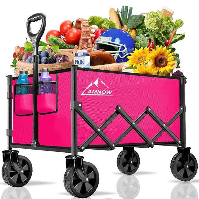Collapsible Folding Wagon Cart, 350LBS Utility Large Capacity Cart Foldable Wagon with All Terrain Wheels, Grocery Wagons Carts for Garden Shopping Sports Camping, Rose