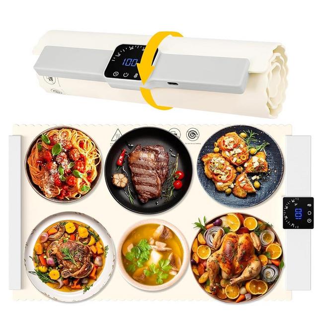 CRUIFU Silicone Electric Heating Tray, Foldable Food Warmer Mat, Portable Electric Warming Pad with 5 Level Adjustable Temperature, Roll Up Electric Warming Tray Fast Heating for Home Buffets Party