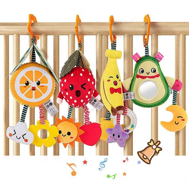 TUMAMA Baby Toys for 3 6 9 12 Months,Hanging Fruit Rattles Avocado,Banana,Orange and Strawberry,Stroller Mobile Toys,Plush Soft Rattles for Boys,Girls Christmas Gifts,4 Pack
