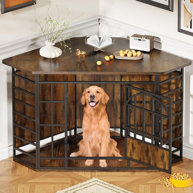 COZPAW Corner Dog Crate Furniture, 52 Inch Large Indoor Dog Kennel Wooden End Table, Modern Dog Cage Decorative Pet House TV Stand for Medium and Large Dogs,Brown