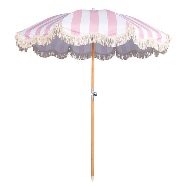 Funsite 6.5ft Boho Beach Umbrella with Fringe, UPF 50+ Tassel Umbrellas with Carry Bag, Premium Wood Pole Foldable Patio Umbrella for Outdoor Holiday Garden Lawn Pool Yard Table