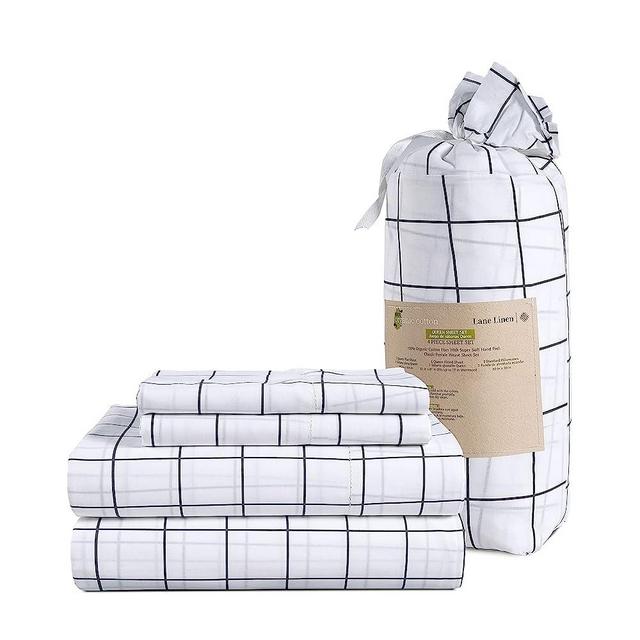 LANE LINEN 100% Organic Cotton Queen Sheets Set 4-Piece Pure Percale Bedsheets Soft Bedding Breathable Fits Mattress Upto 15" Deep - Charcoal Windowpane