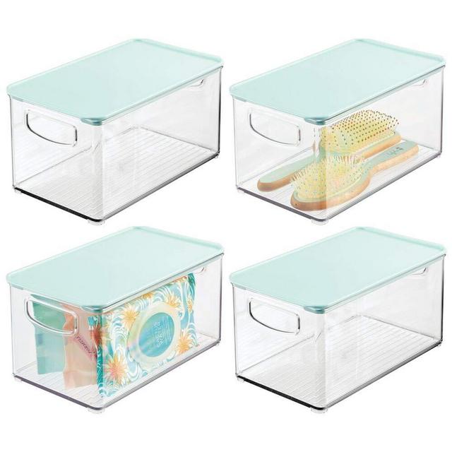 mDesign Plastic Bathroom Stackable Storage Bin Box with Handles, Lid - Holds Soap, Body Wash, Shampoo, Lotion, Conditioner, Hand Towels, Hair Accessories, Body Spray - 4 Pack - Clear/Mint Green