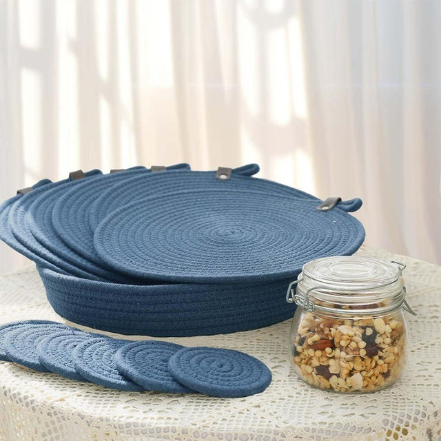 AHHFSMEI Round Woven Placemats Set of 6,13 inches Natural Cotton Blend Farmhouse Hand-Woven Place Mats Braided Rattan Table Mats for Dining Table (Blue)