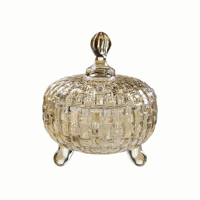 Crystal Glass Candy Jar with Lid,Weave Decorative Candy Bowl,700ml Cookies Nuts Chocolates Fruits Jewelry Storage Containers for Wedding Home Kitchen,Amber