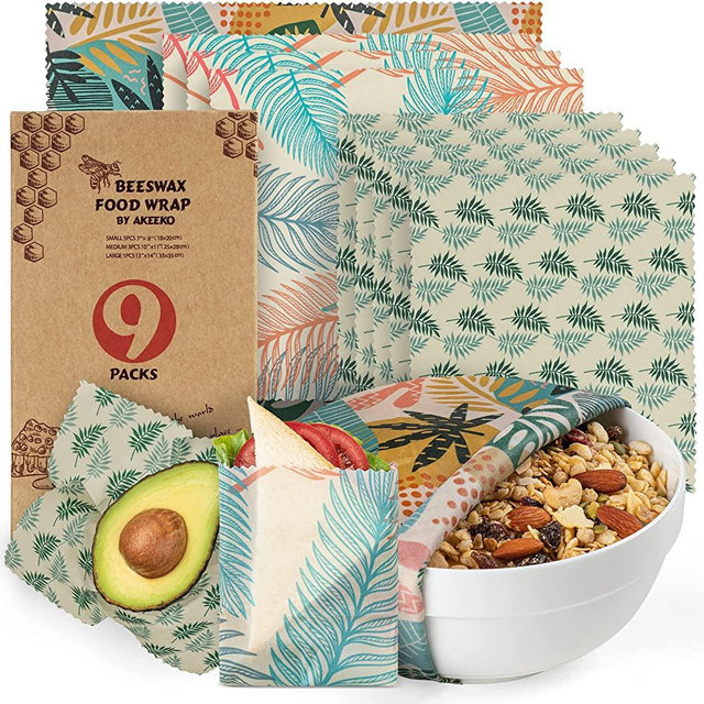 Reusable Food Wraps w/Beeswax Assorted 9 Packs - Eco-Friendly Reusable Wraps, Biodegradable, Zero Waste, Organic, Sustainable, Plastic-Free Food Storage, 5S, 3M, 1L w/ Tropical Leaves Pattern