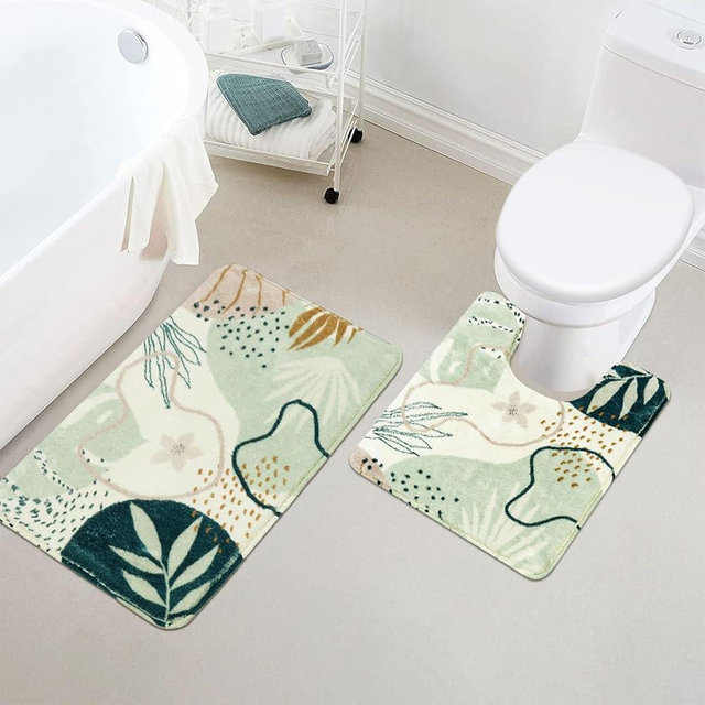 Uphome Bath Mats for Bathroom, Cute Green Plant Toilet Rugs U Shaped, Non Slip Washable Soft Bathroom Mat, Abstract Botanical Bathroom Carpet, Mid Centry Aesthetic Contour Bath Rug for Toilet Sink Tub