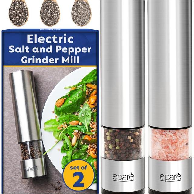 Eparé Electric Salt and Pepper Grinder Mill - Set of 2 Battery Operated Ceramic Burr Pepper Grinder Refillable - Automatic Stainless Steel Salt and Pepper Grinders - Pepper Mill Grinder With LED Light
