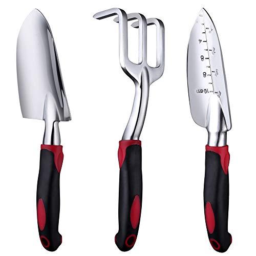 FANHAO Upgrade Ergo Garden Tool Set, 3 Piece Top Quality Cast-Aluminum Heavy Duty Gardening Gifts Tool Set with Trowel & Shovel, Transplanter and Cultivator, Ideal For Men and Women