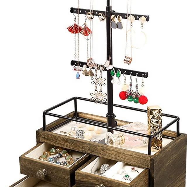 PURUIDO Jewelry Organizer Tower with Double-Layer Wooden Drawer Storage Box - 3 Tier Jewelry Stand for Necklaces, Bracelet, Earrings & Ring Jewelry Tower Jewelry Stand Organizer Metal & Wood