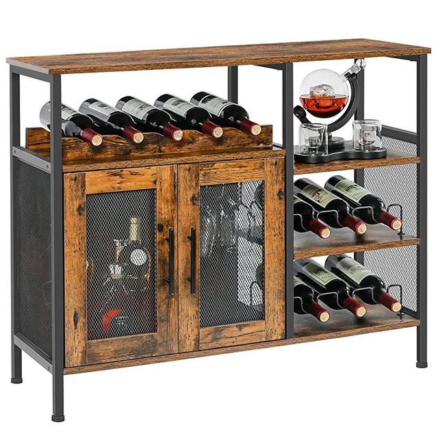 Wine Bar Rack Cabinet with Detachable Wine Rack, Coffee Bar Cabinet with Glass Holder, Small Sideboard and Buffet Cabinet with Mesh Door, Rustic Brown, Large
