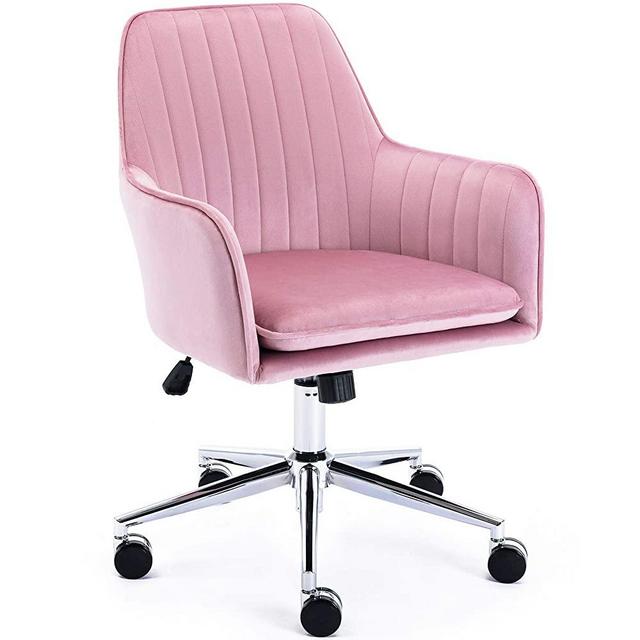 Jacky Home Velvet Office Desk Chair with Mid-Back, Modern Height Adjustable 360° Swivel Upholstered Computer Task Chair with Arms and Wheels for Study Room Living Room Bedroom (Pink)