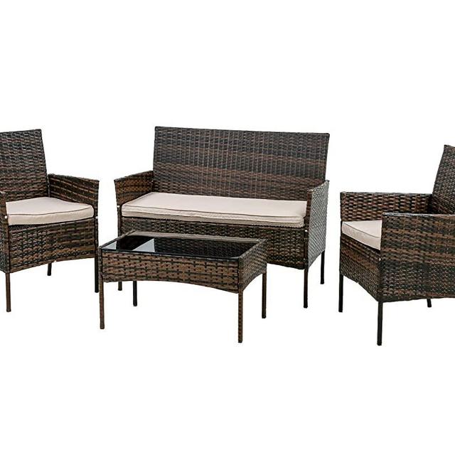 FDW Patio Furniture Set 4 Pieces Outdoor Rattan Chair Wicker Sofa Garden Conversation Bistro Sets for Yard (Brown)