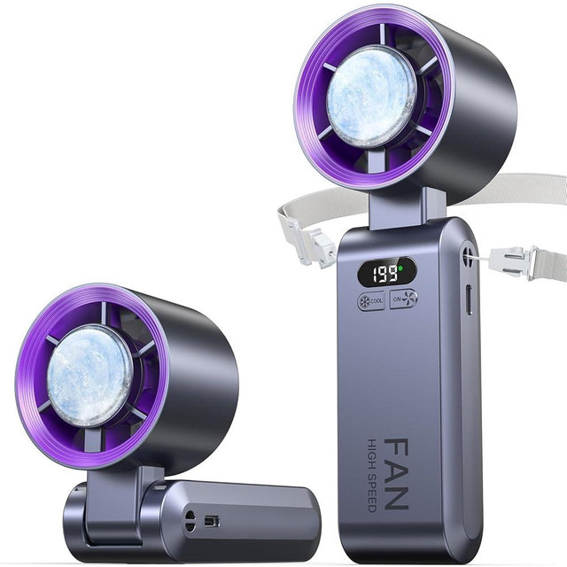 Handheld Portable Turbo Fan with Ice Cooler, Speed (1-199) 5500mAh Rechargeable Personal Fan,[20H Cooling Time] Mini Yet Powerful [20000 RPM] Small Pocket Fans for Travel/Outdoor/Home/Office, Purple
