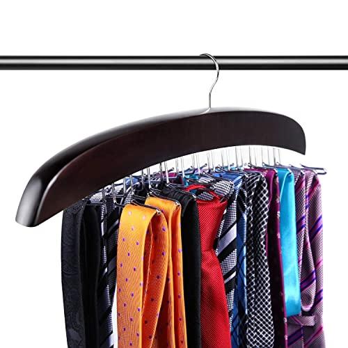 Ohuhu Tie Rack, Tie Hangers for Men, Tie Organizer for Closet, Tie Holder Travel, Twirl Wooden 24 Tie Hanger for Necktie Scarf Closet Organizer Storage, Walnut