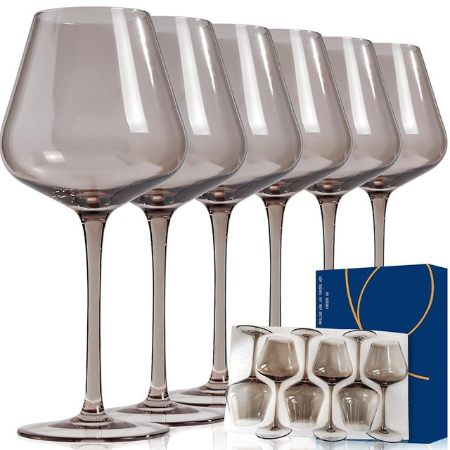 CLUSIVC Smokey Grey Wine Glasses Set of 6 - Crystal Hand Blown Burgundy Wine Glasses 18oz Lead-Free, Perfect Gifts for Wine Lover, Bar glasses sets for the home, Wedding, Party
