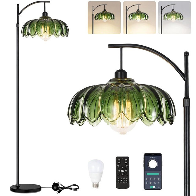 QIYIZM Gold Floor Lamp for Living Room,Bedroom,Standing Lamp with Remote Dimmable Brass Tall Lamp Vintage Retro Mid Century Modern Floor Lamps Arc Green Glass Flower Lamp Floor Light Boho Bohemian