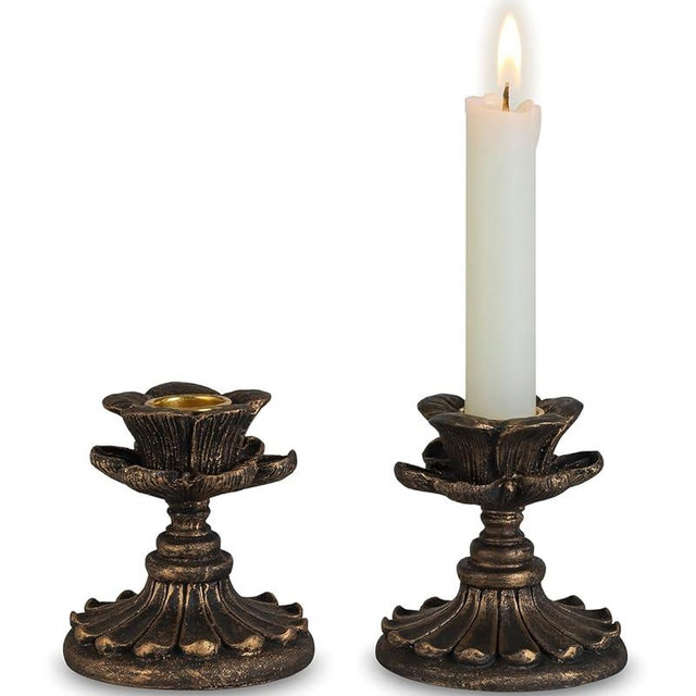 Inweder Taper Candle Holder Vintage: Resin Candlestick Holders Small Candle Sticks Holder Antique Decoration for Dinning Table Mantel Wedding Centerpieces Halloween Christmas Set of 2