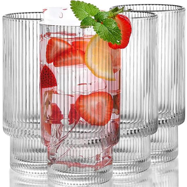 DEAYOU 4-Pack Highball Glasses, 10 OZ Clear Tall Drinking Glasses for Cocktail, Juice, Ribbed Glassware, Collins Tumbler, Crystal Thick Water Glass with Heavy Base for Beverage, Vintage Origami Style