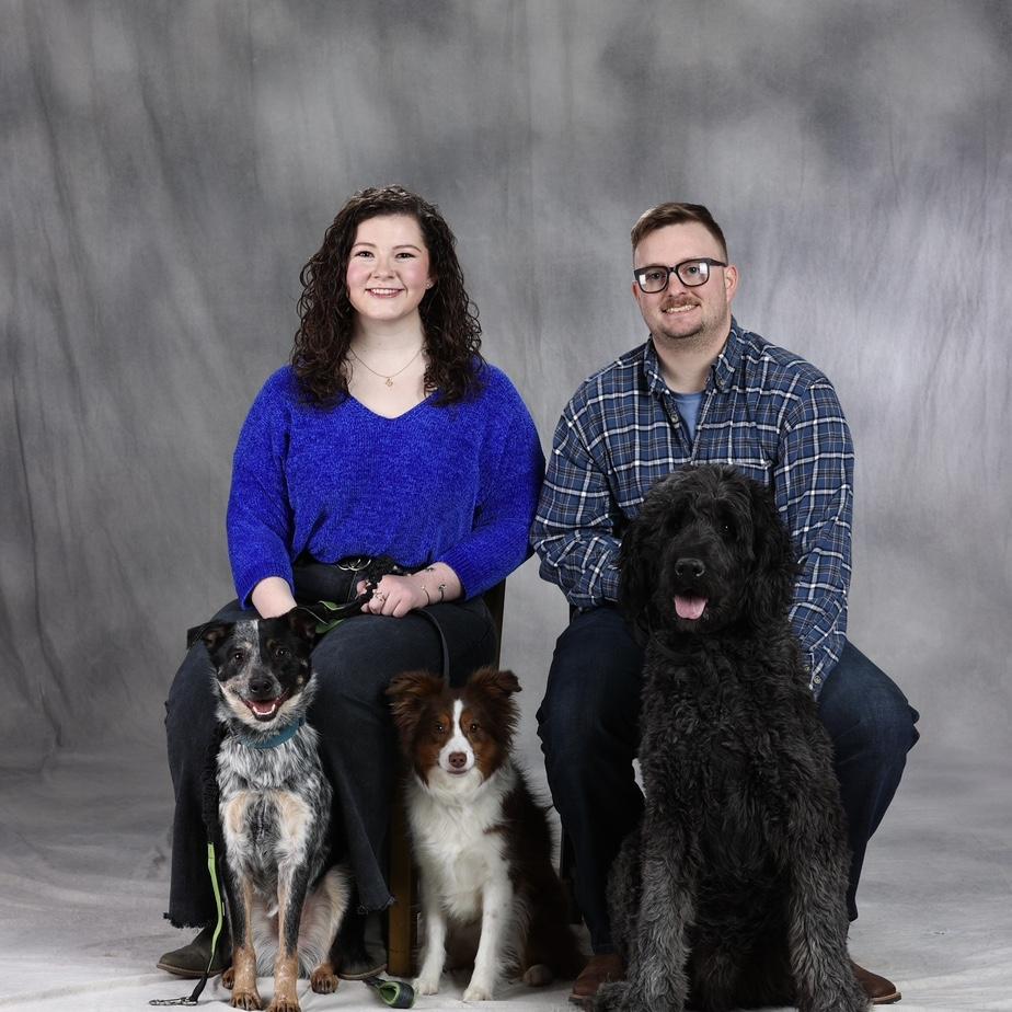 First family photo! Pictured left to right are their dogs Rhett, Scarlett, and Max. Not pictured is their cat Melly!