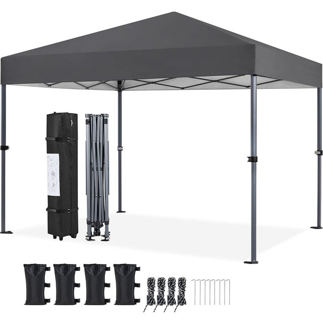 Yaheetech 10x10 1-Person Setup Pop Up Canopy Tent, Instant Portable Commercial Canopy Tent, Outdoor Gazebo with 1-Button Push, Wheeled Bag & 4 Sandbags for Home, Party & Outdoor Activities, Dark Gray